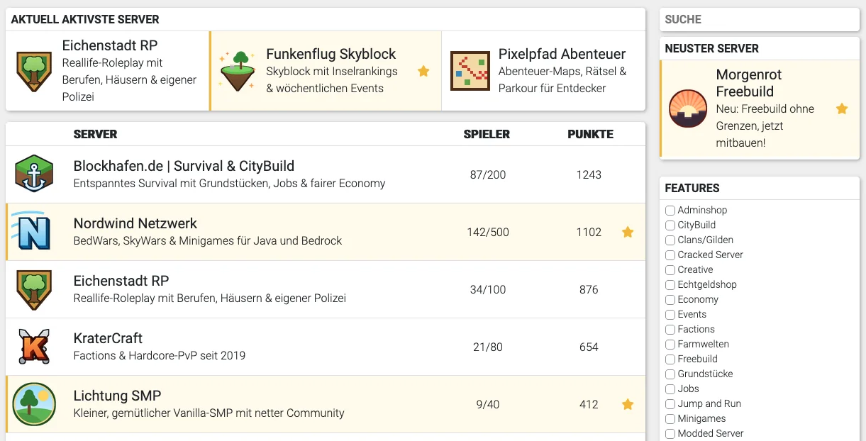 Ausschnitt der Serverliste mit hervorgehobenen Premium-Servereinträgen